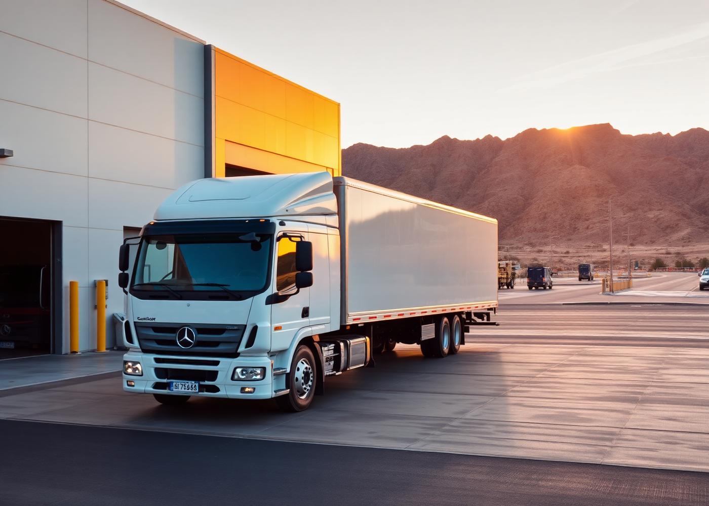 Delivery truck leaving the loading dock at sunset