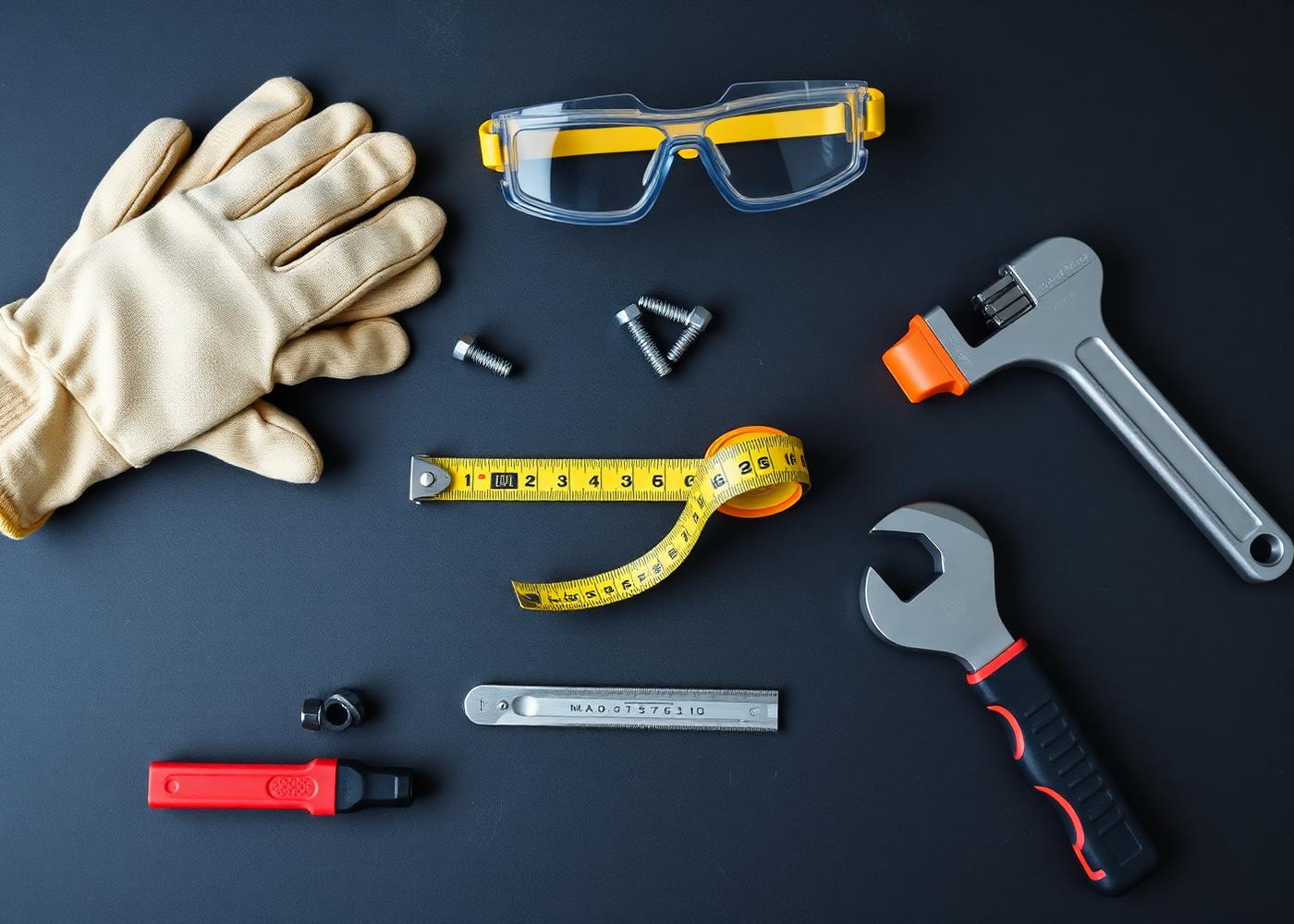 Safety gloves, goggles, fasteners and hand tools laid out on a workbench