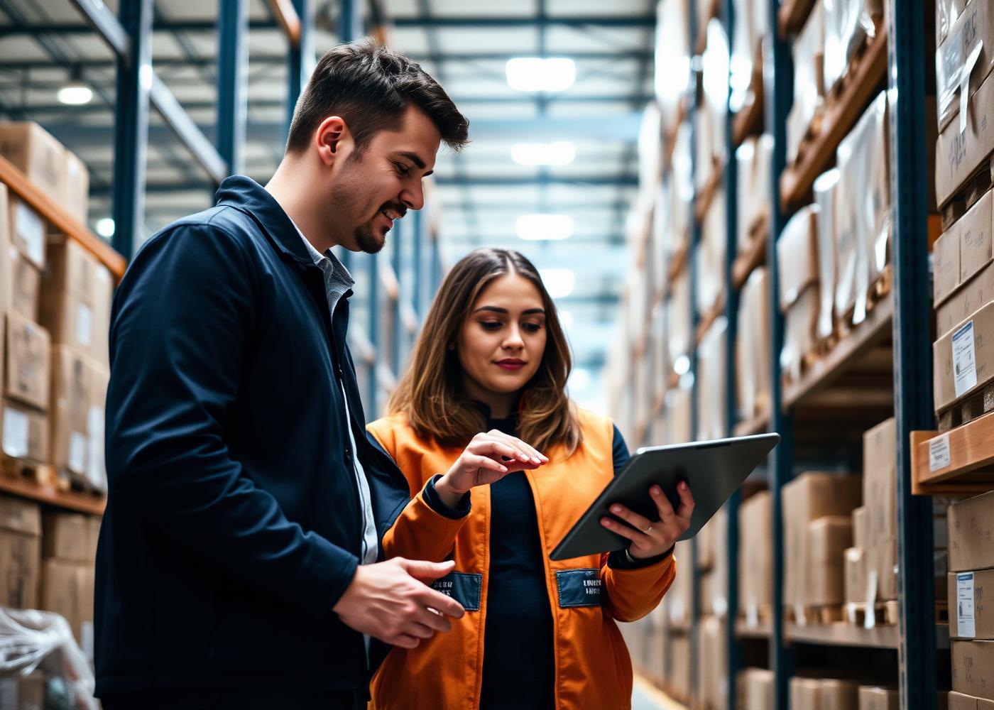 Two WIN Aljarash staff checking stock levels on a tablet in the warehouse aisle